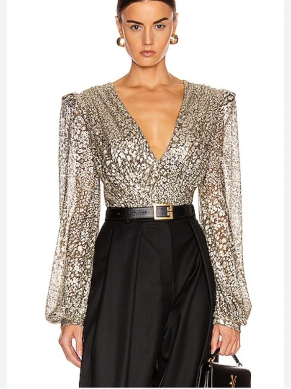 PatBo Metallic Leopard Print  V-Neck Bodysuit in Black & Gold Size Medium NWT